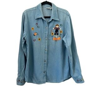 Vintage Falls Creek Fall Scarecrow Embroidered Denim Chambray Button Down Shirt